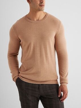 Express Men’s 100% Merino Wool Crewneck Sweater Tan Size M